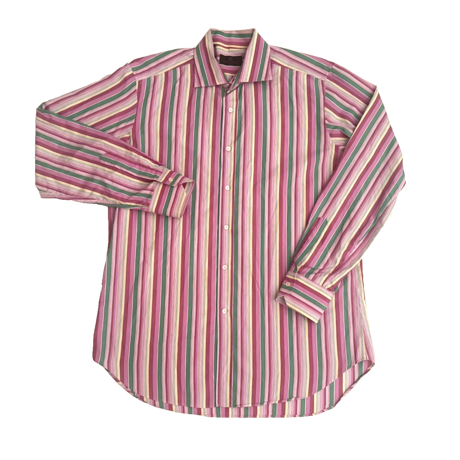 Etro Men's Dress Shirt It 42 Us 16 Pink Green Yellow Stripe Cotton Milano Italy